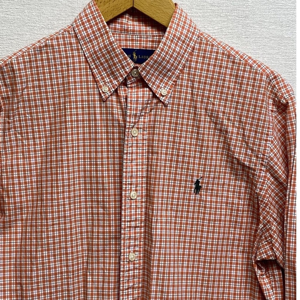 Ralph Lauren Button Down Long Sleeve Mens‎ Med Orange And White Checkered Pony